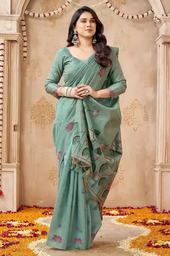 Green color jute linen beautiful sophisticated rich looks saree