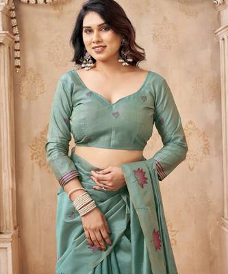 Green color jute linen beautiful sophisticated rich looks saree 5