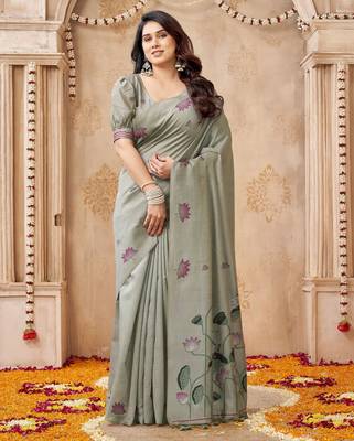 Grey color jute linen beautiful sophisticated rich looks saree 1