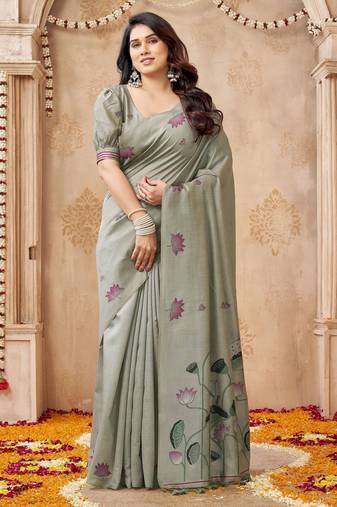 Grey color jute linen beautiful sophisticated rich looks saree