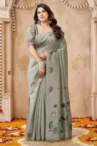 Grey color jute linen beautiful sophisticated rich looks saree
