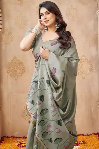 Grey color jute linen beautiful sophisticated rich looks saree