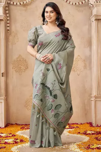Grey color jute linen beautiful sophisticated rich looks saree