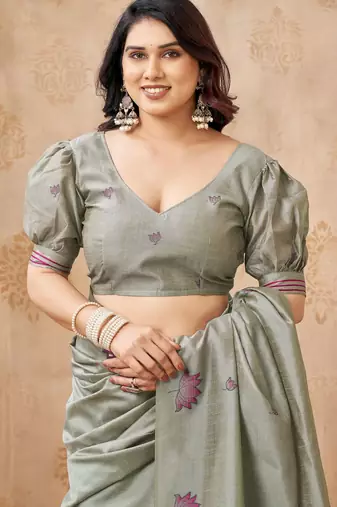 Grey color jute linen beautiful sophisticated rich looks saree