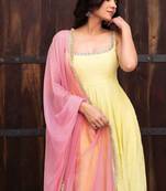 light yellow color lace work faux georgette anarkali gown set
