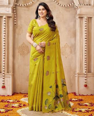 Lemon color jute linen beautiful sophisticated rich looks saree 1