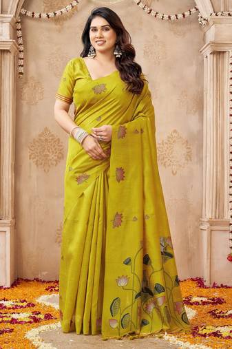 Lemon color jute linen beautiful sophisticated rich looks saree