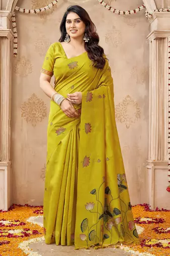 Lemon color jute linen beautiful sophisticated rich looks saree