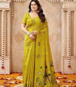 Lemon color jute linen beautiful sophisticated rich looks saree