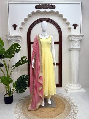 light yellow color lace work faux georgette anarkali gown set 3