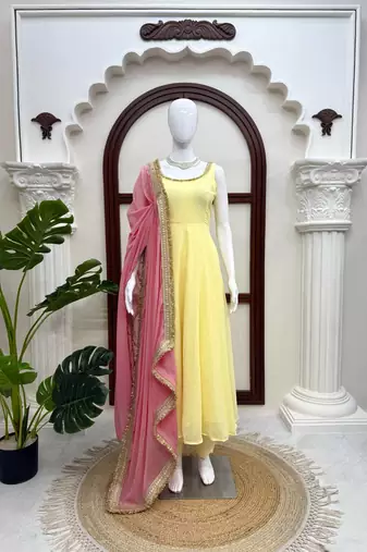 light yellow color lace work faux georgette anarkali gown set