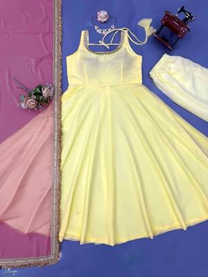 light yellow color lace work faux georgette anarkali gown set 5