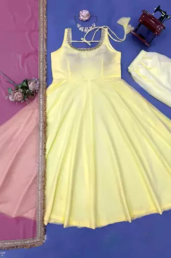 light yellow color lace work faux georgette anarkali gown set