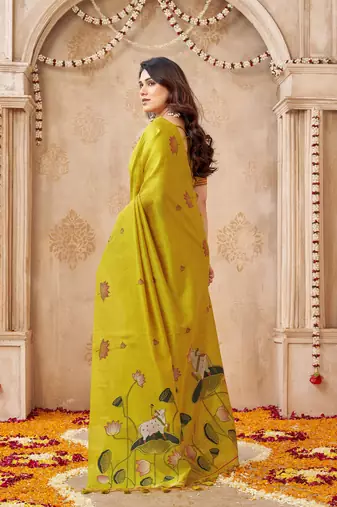 Lemon color jute linen beautiful sophisticated rich looks saree