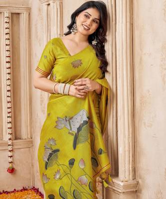 Lemon color jute linen beautiful sophisticated rich looks saree 3