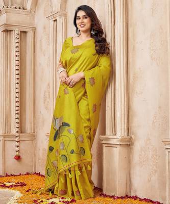 Lemon color jute linen beautiful sophisticated rich looks saree 4