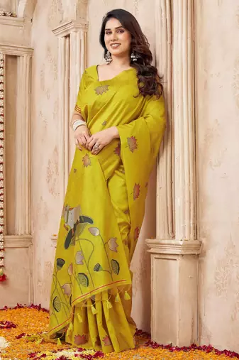 Lemon color jute linen beautiful sophisticated rich looks saree