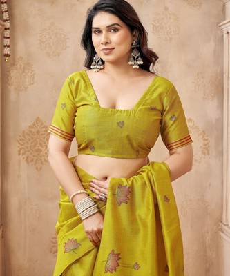 Lemon color jute linen beautiful sophisticated rich looks saree 5
