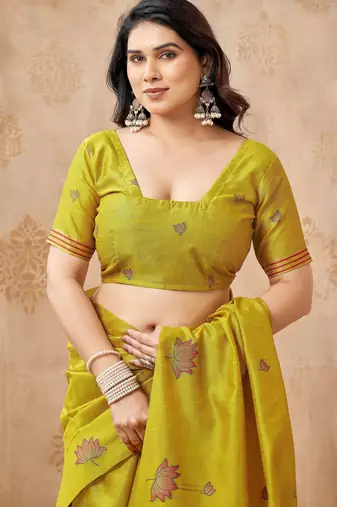 Lemon color jute linen beautiful sophisticated rich looks saree