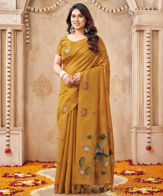 Mustard color jute linen beautiful sophisticated rich looks saree 1
