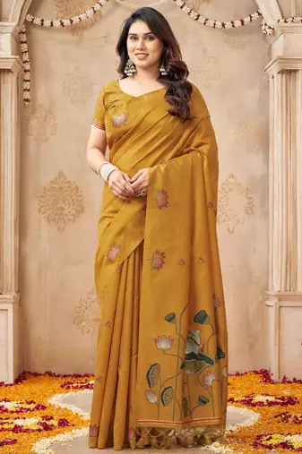 Mustard color jute linen beautiful sophisticated rich looks saree