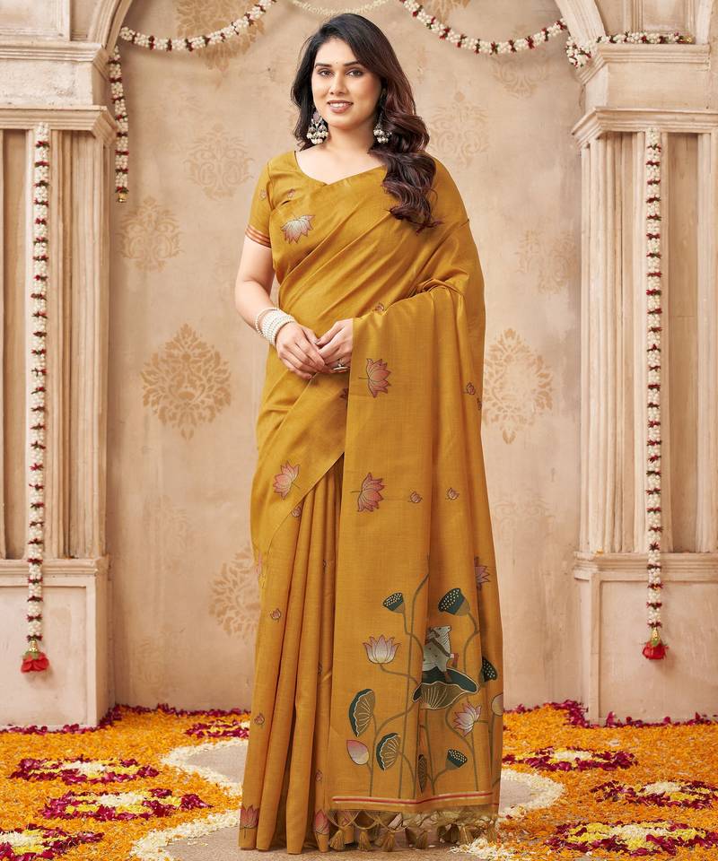 Mustard color jute linen beautiful sophisticated rich looks saree
