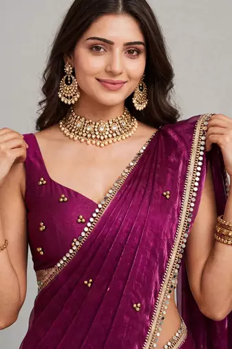 partywear saree with ghunghru handwork and mirror lace