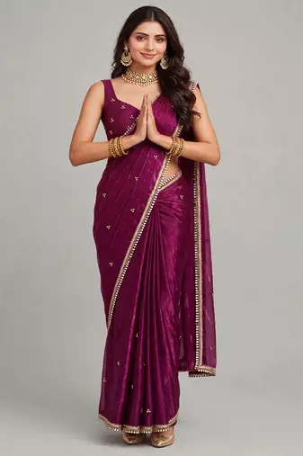 partywear saree with ghunghru handwork and mirror lace