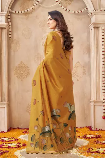 Mustard color jute linen beautiful sophisticated rich looks saree