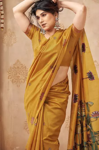 Mustard color jute linen beautiful sophisticated rich looks saree
