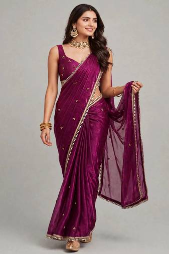 partywear saree with ghunghru handwork and mirror lace