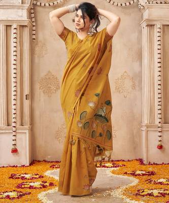 Mustard color jute linen beautiful sophisticated rich looks saree 4
