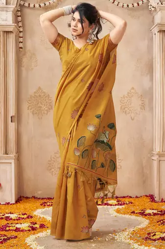 Mustard color jute linen beautiful sophisticated rich looks saree