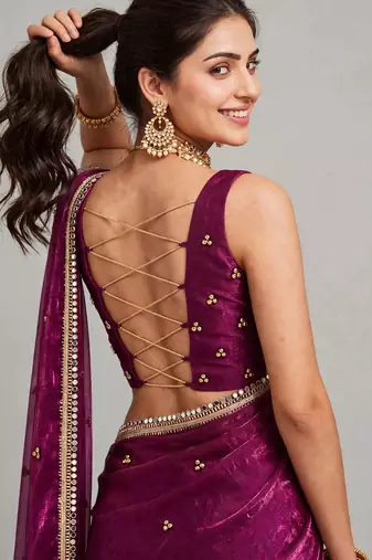 partywear saree with ghunghru handwork and mirror lace