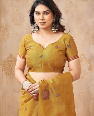 Mustard color jute linen beautiful sophisticated rich looks saree 5