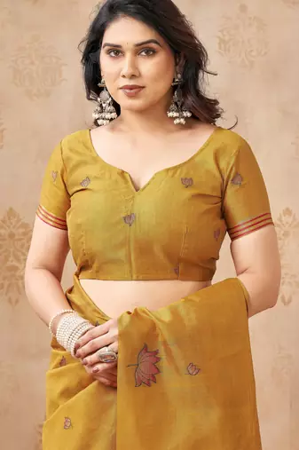 Mustard color jute linen beautiful sophisticated rich looks saree