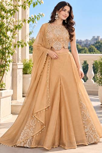 Champagne bead sequin embroidered silk crop top sharara set for wedding