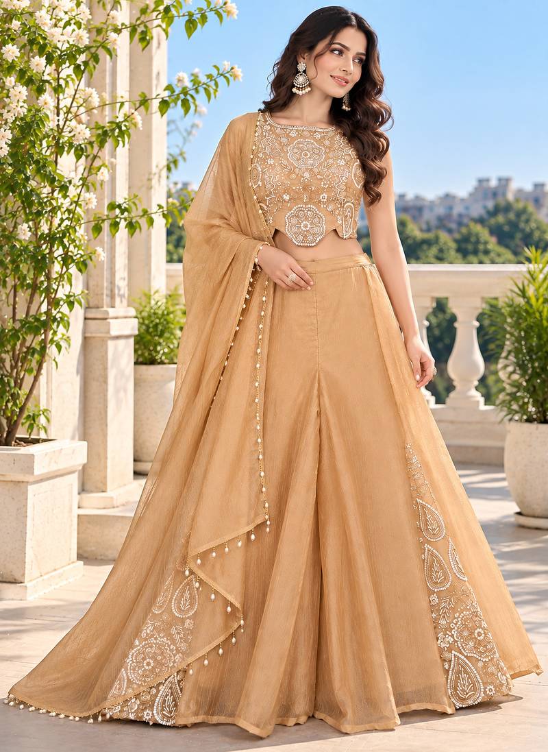Champagne bead sequin embroidered silk crop top sharara set for wedding
