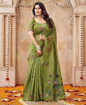 Mahendi color jute linen beautiful sophisticated rich looks saree 1