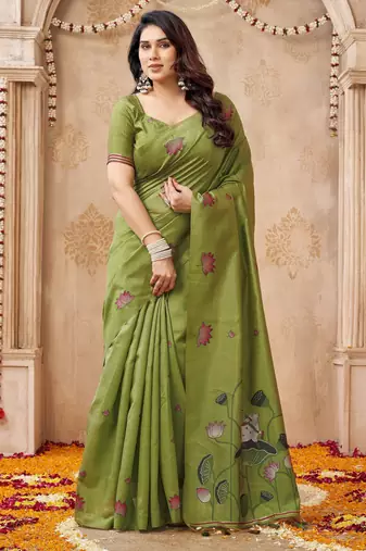 Mahendi color jute linen beautiful sophisticated rich looks saree