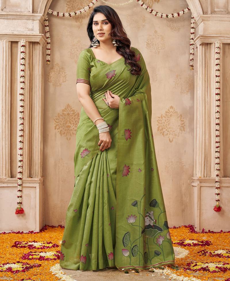 Mahendi color jute linen beautiful sophisticated rich looks saree