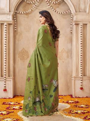 Mahendi color jute linen beautiful sophisticated rich looks saree 2