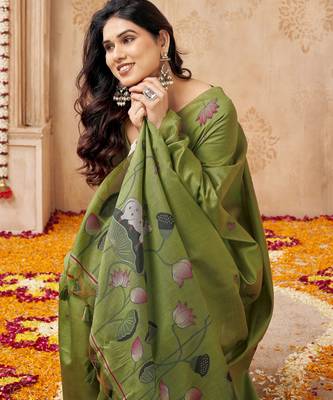 Mahendi color jute linen beautiful sophisticated rich looks saree 3