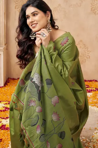 Mahendi color jute linen beautiful sophisticated rich looks saree