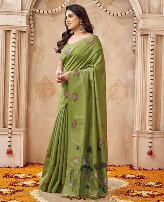 Mahendi color jute linen beautiful sophisticated rich looks saree 4