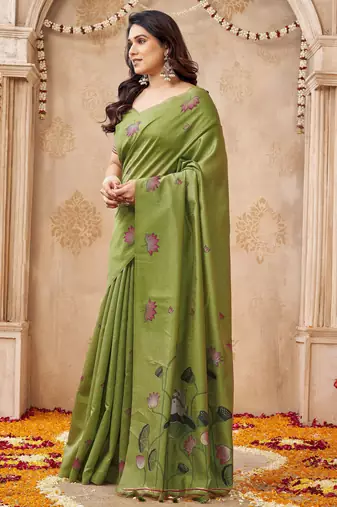Mahendi color jute linen beautiful sophisticated rich looks saree