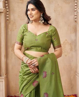 Mahendi color jute linen beautiful sophisticated rich looks saree 5