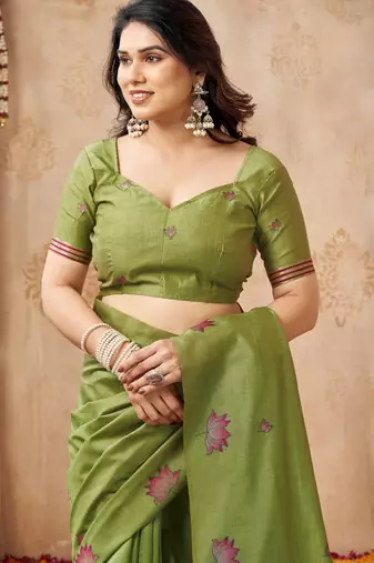 Mahendi color jute linen beautiful sophisticated rich looks saree