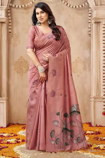 Pink color jute linen beautiful sophisticated rich looks saree