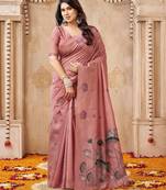 Pink color jute linen beautiful sophisticated rich looks saree